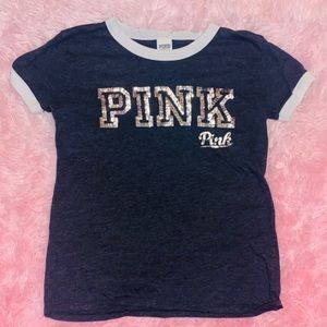 NEW VS PINK Sequin Logo Ringer Tee Shirt